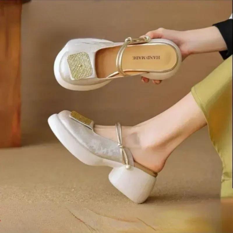 Baotou Thick-soled Sandals Women's Semi-slip Wear-resistant Block Heel Slippers Womens Shoes Zapatos De Mujer Heels Women Slides