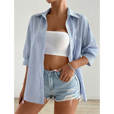 Striped Shirts For Women Button Down Loose Fit Contrast Color Lady Tops Mujer Casual Turn Down Collar Blouse