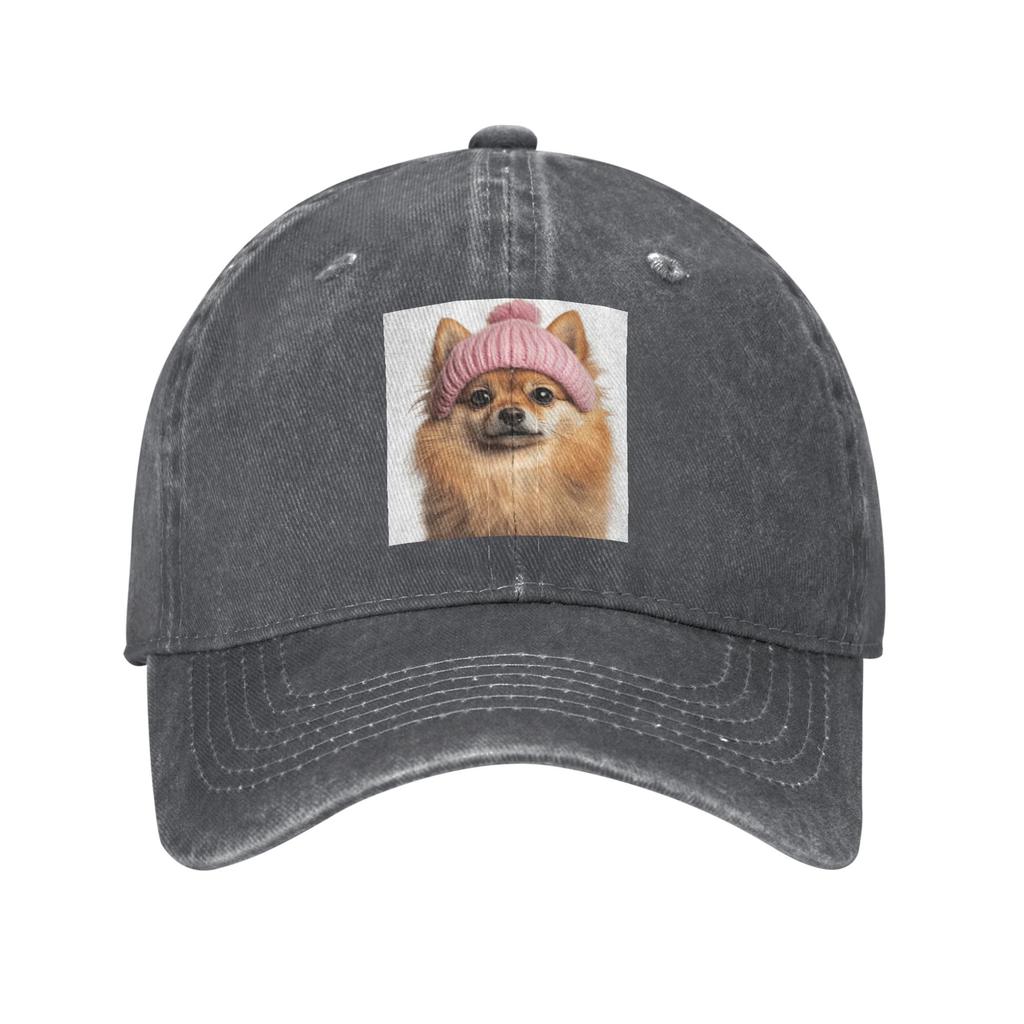 Cozy Pomeranian Dog Wearing Pink Winter Hat Trendy Animal Denim Fabric Cap Baseball Caps Adjustable Hat Unisex Baseball Hats