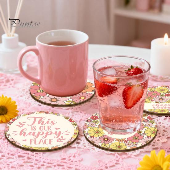 Easter Table Decor 4PCS Flower Coasters Set, Thick Cork Base Non-Slip Heat Resistant Drink Cute Animal Print Coasters, Floral Decorative for