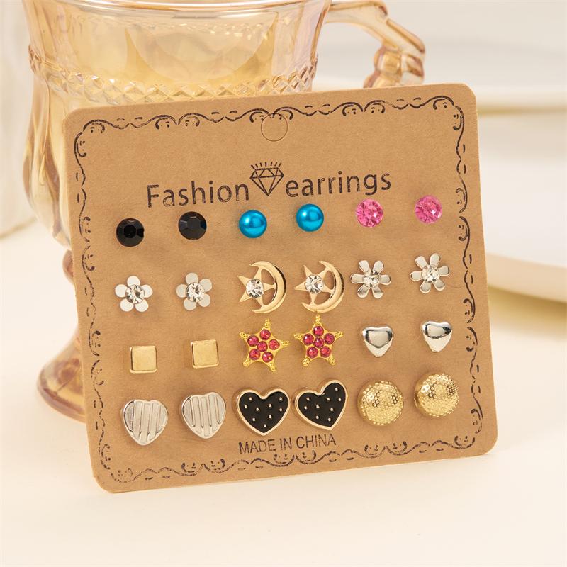 12 Pairs Combination Stud Earrings For Women Girl Moon Star Flower Pearl Zircon Heart Mini Earring Party Personality Jewelry