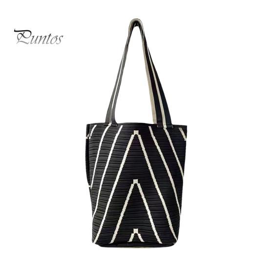 Women Shoulder Bag Wave Braided Texture Contrast Color Large Capacity Open Design Lightweight Portable Handbag for Daily Travel Commuting