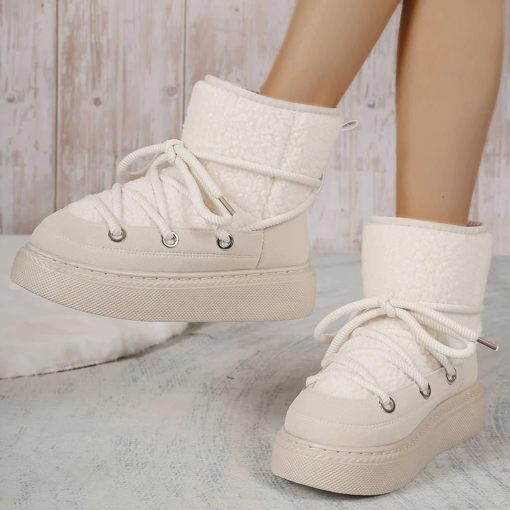 Women's Ankle Boots Winter Platform Snow Boots  Fur Flats Casual Shoes Designer Lace Up Plush Sneaker Non-Slip Botas Mujer