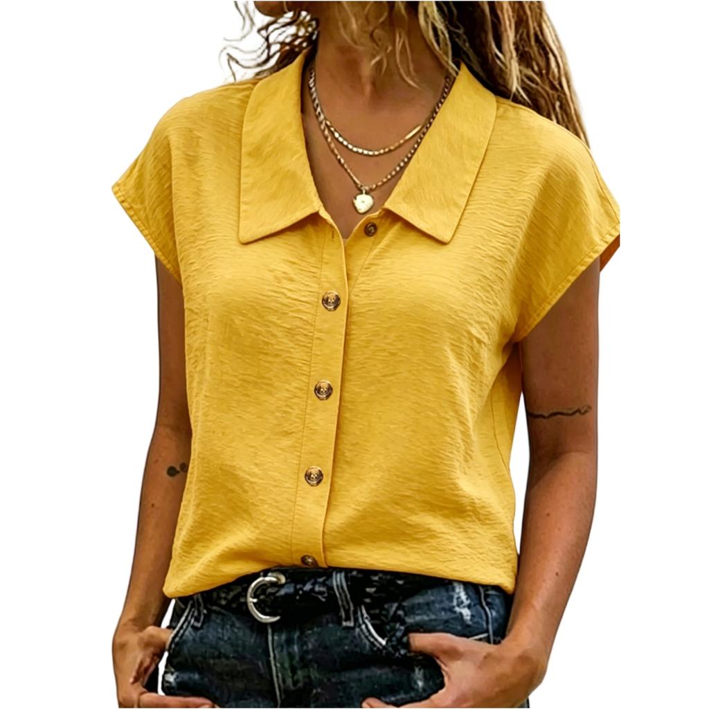 Womens Casual Short Sleeve Button Down Top Woven Fabric with Pointed Collar Relaxed Fit Lightweight Shirt for Everyday Wear