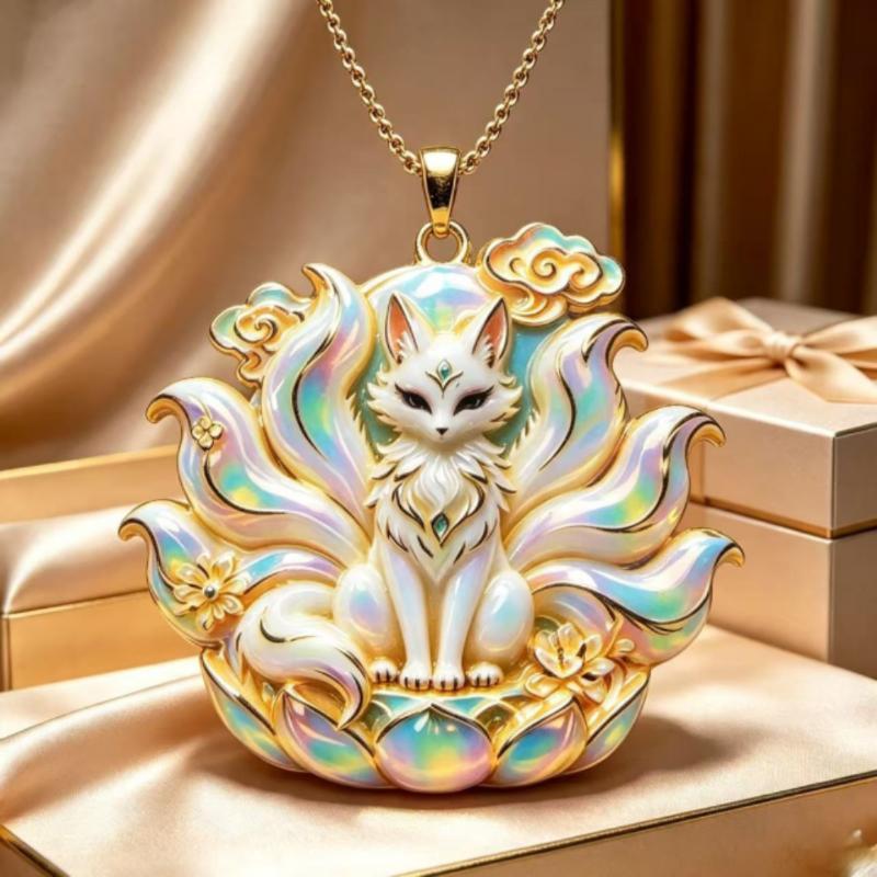 Nine Tailed Fox Enamel Pendant Necklace Unique Chinese Mythology Design 1PC Anti-rust Jewelry for Women Daily Collocation