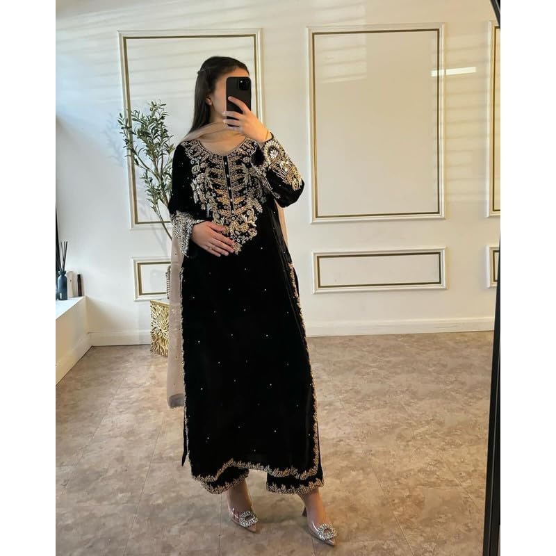 Ensemble Kurta Pyjama & Dupatta pour Femmes à Manches Suppar, Georgette Broderie Sequins (Tanya)