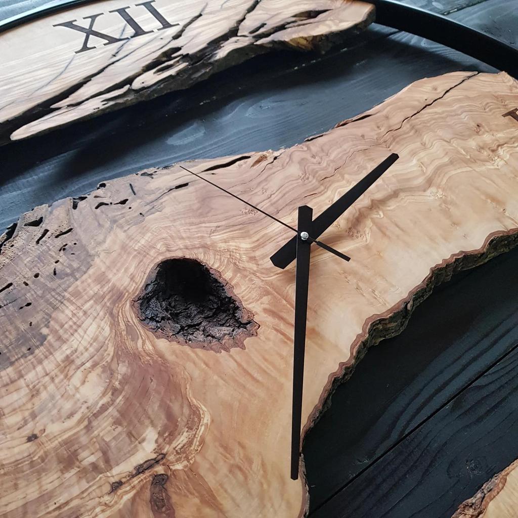 Sahaj Hast Olive Wood Wall Clock – Silent Movement, Live Edge Farmhouse Style | Handmade Wooden Wall Art