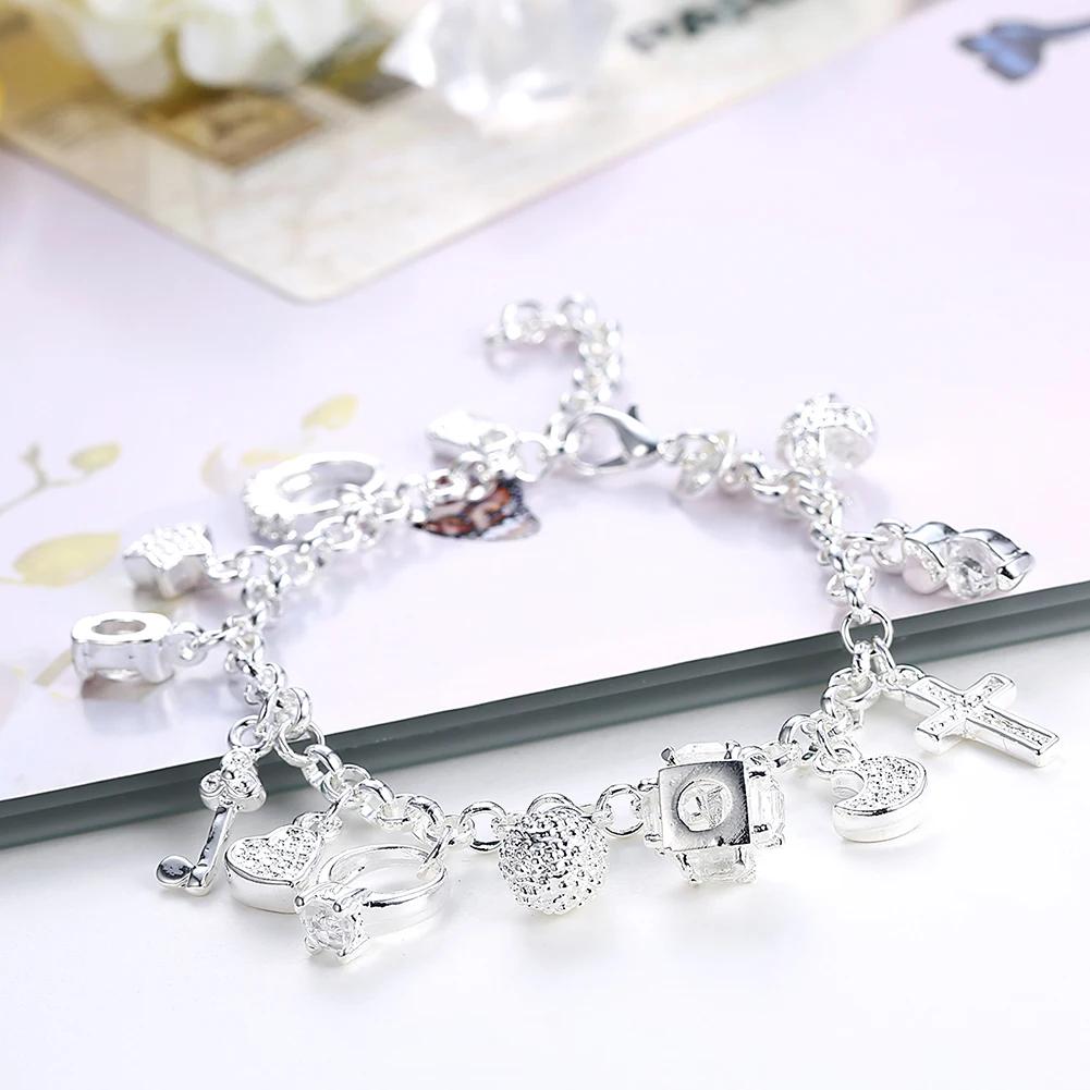 925 Silver Heart Zircon Pendant Bracelet for Women Wedding Party Jewelry 20cm