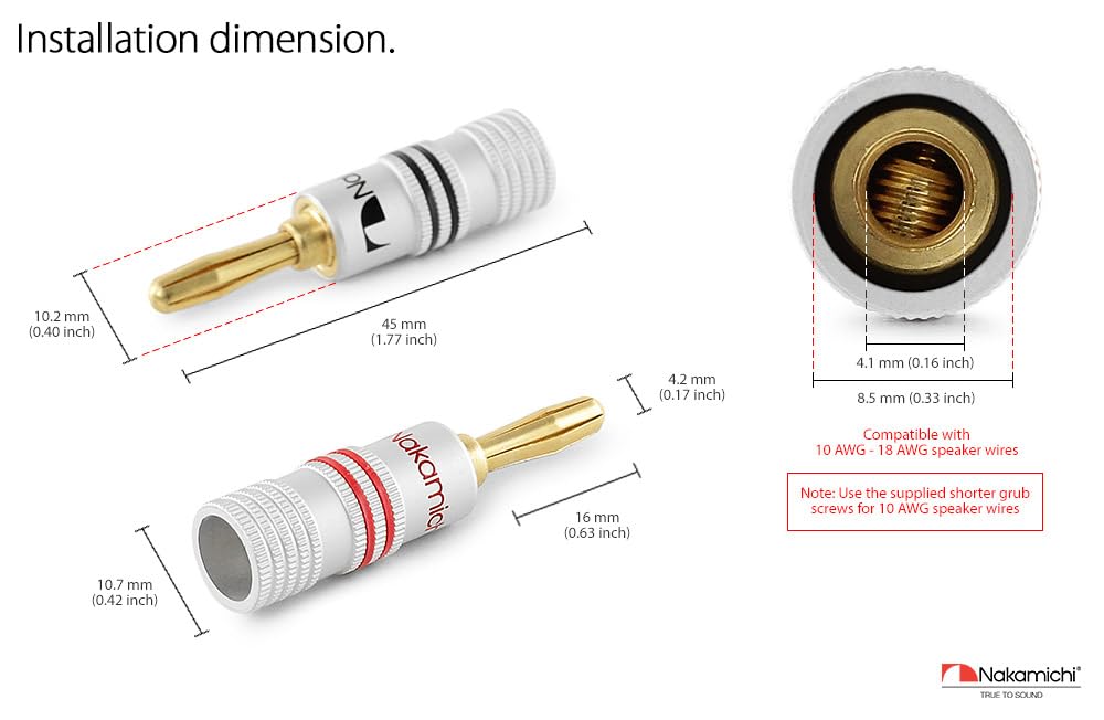 Nakamichi 24K Gold-Plated Banana Plugs, Speaker Cable Connectors, Aluminum Shell, 12-18 AWG, 4mm, 10 Pcs (5 Pairs)