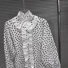 Spring 2026 Women's Black & White Polka Dot Lace Button-Down Shirt - Slim Fit, Versatile, Sweet Patchwork Design