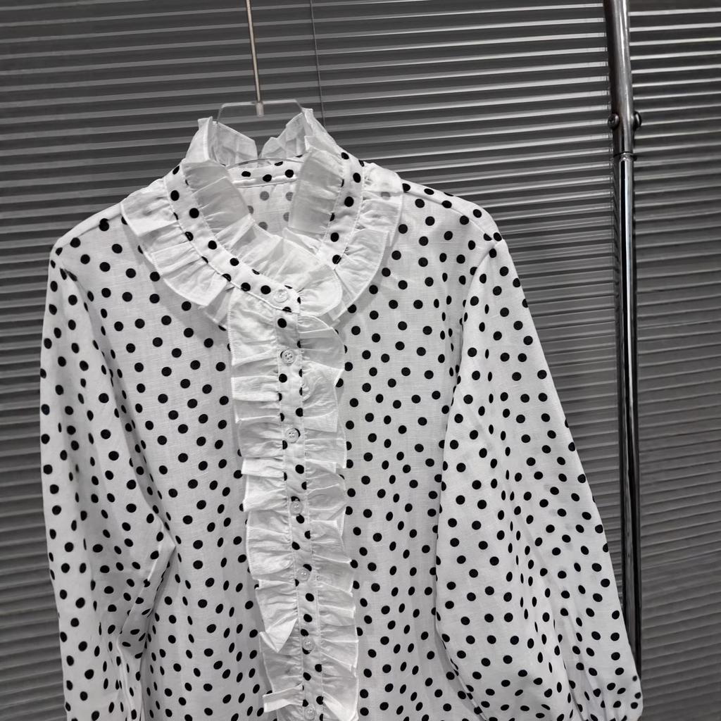 Spring 2026 Women's Black & White Polka Dot Lace Button-Down Shirt - Slim Fit, Versatile, Sweet Patchwork Design