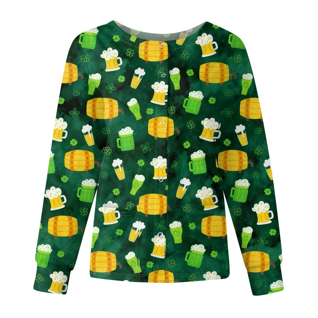 Women's Casual Fashion Long Sleeve Standing Collar Single Breasted St. Patrick's Day Print Workwear Jacket Tops