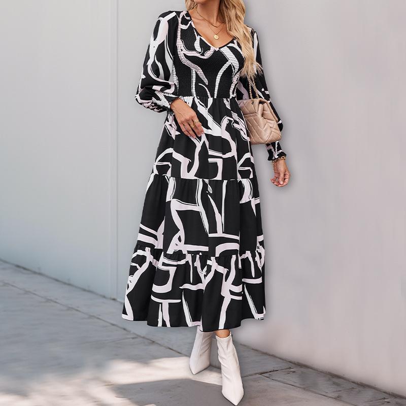 

Одежда с V-образным вырезом Юбка 2025 Осень Новое Принт Он Длинное платье XL