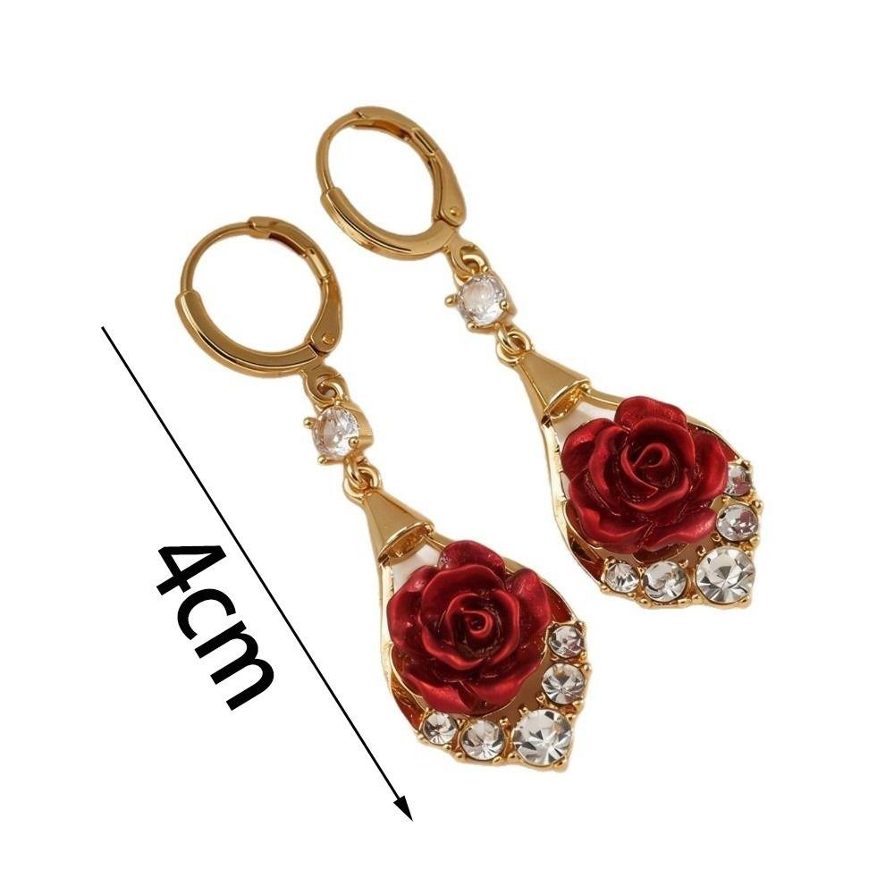 Retro-style Red Rose Earrings Fashionable Rose Teardrop Earrings New Rose Rhinestone Earrings