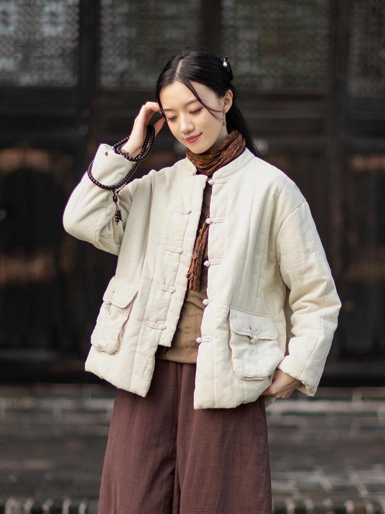 Silent Recitation: Women's Retro Quilted Vertical Stripe Cotton Jacket with Stand-up Collar and Frog Buttons