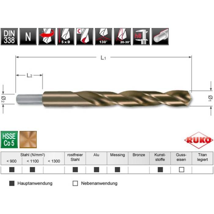 RUKO 2005180 HSSE-Co 5 Twist Drill 18 Mm DIN 338 1 Pc(s)