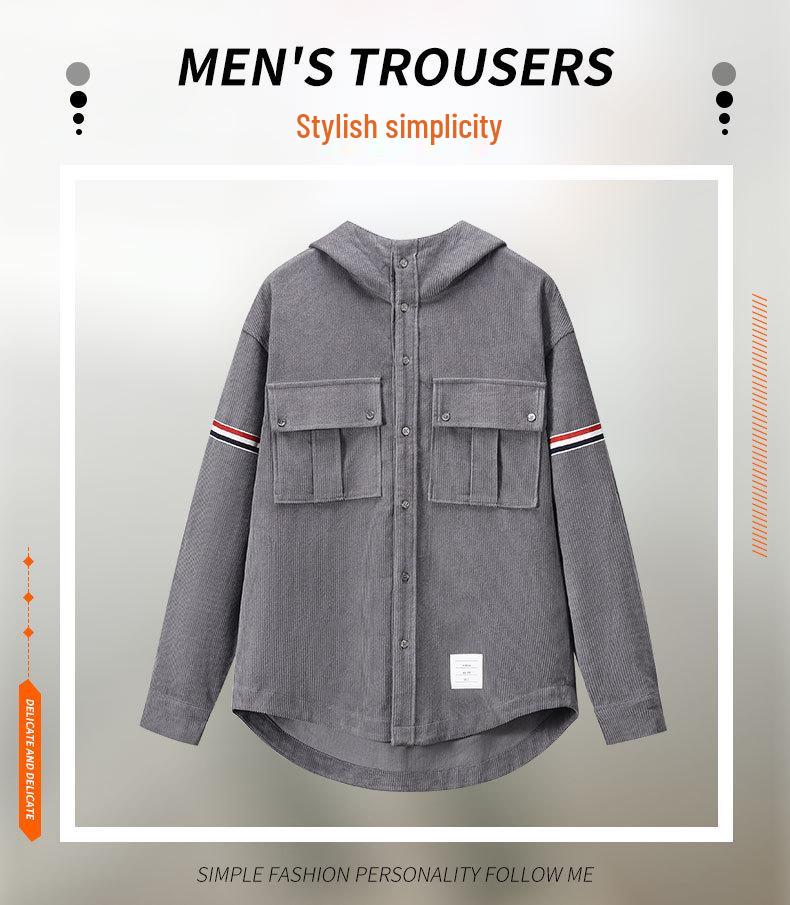 Autumn 2025 Corduroy Hooded Jacket with Red, White & Blue Stripes