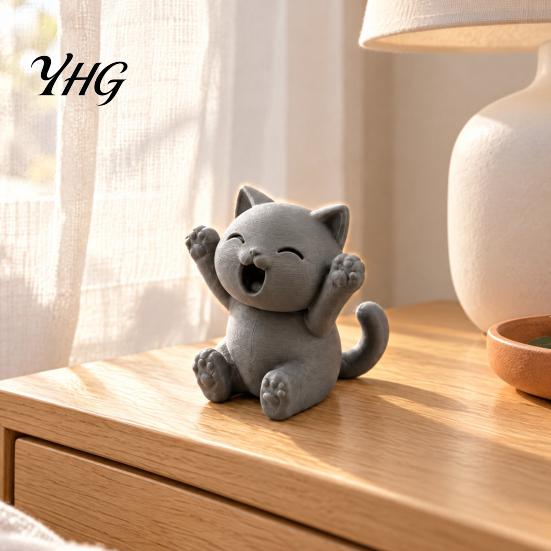 Exquisite Desktop Ornaments 3D Printed Cheering Cat Figurine, Cute Raised Paws Happy Figures for Tabletop Kitten Statue, Mini Ornament, Healing