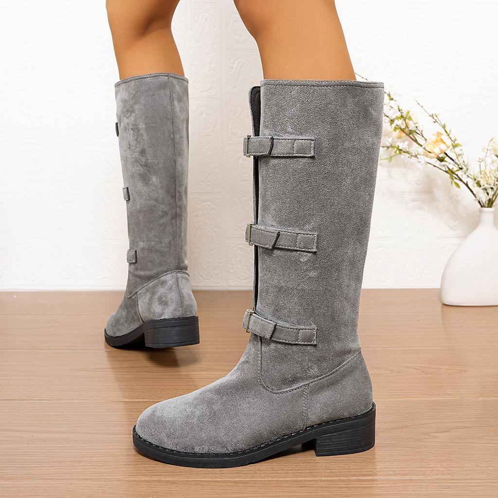 Módní dámské semišové kožené ploché nazouvací boty s kovovou přezkou podzimní vysoké jezdecké boty ke kolenům ležérní dámské punkové dlouhé boty boty žena