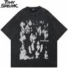 Hip Hop  Retro Washed Black TShirt Streetwear Human Shadow Vintage Graphic T Shirt Cotton Unisex Tshirt Men Tops Tees Dope