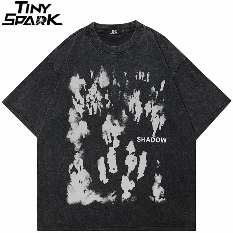 Hip Hop Retro Washed Black TShirt Streetwear Human Shadow Vintage Graphic T Shirt Cotton Unisex Tshirt Men Tops Tees Dope