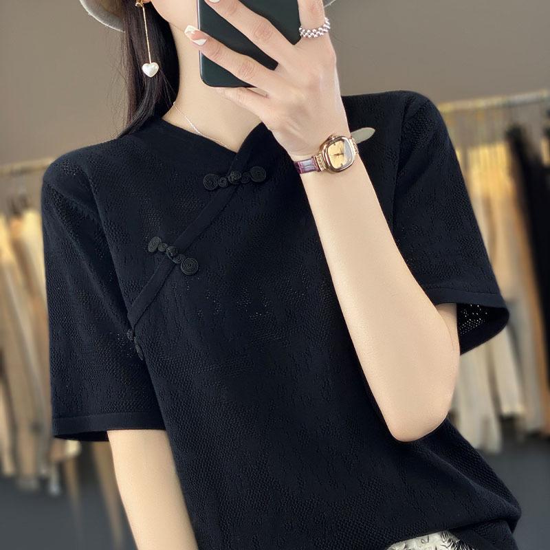 

Женская футболка с коротким рукавом в стиле чонсам из ледяного шелка на лето, новая, свободная и универсальная, тонкая, в стиле халата, китайский топ XXL