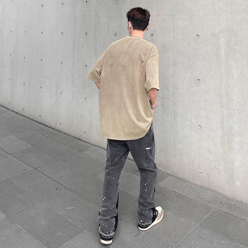 Pánské retro high-streetové rozšířené džíny s barevným blokováním a distressed úpravou