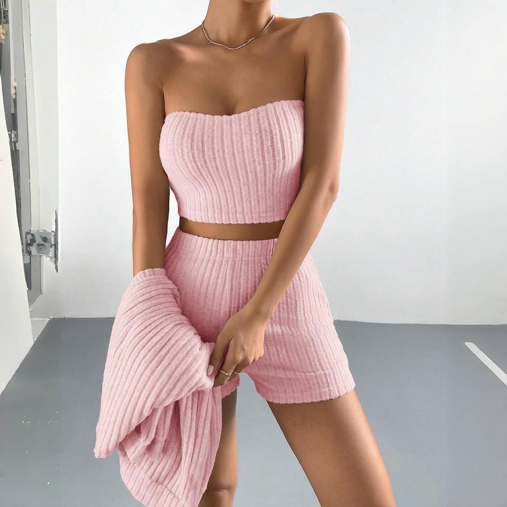 Cross-Border Brushed Ribbed Women's Three-Piece Pajama Set: Long Sleeve Cardigan, Bandeau, and Shorts - Wear Indoors or Out