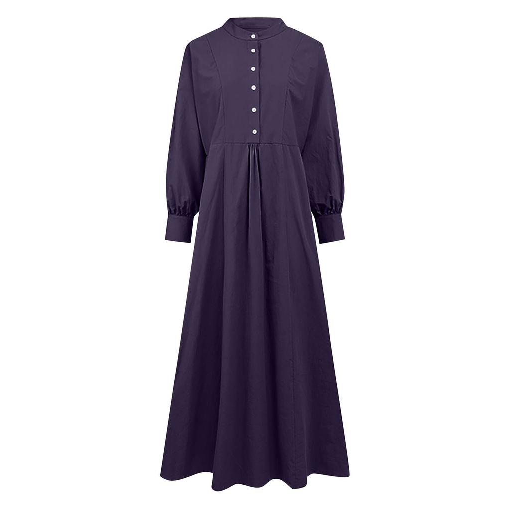 Women's Long Sleeve Button Down Casual Outfits Solid Color Round Neck Maxi Dresses