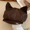 Woman Beret Leather Hat With Curved Brim And Cat Ear Detail For Trendy Dress Up