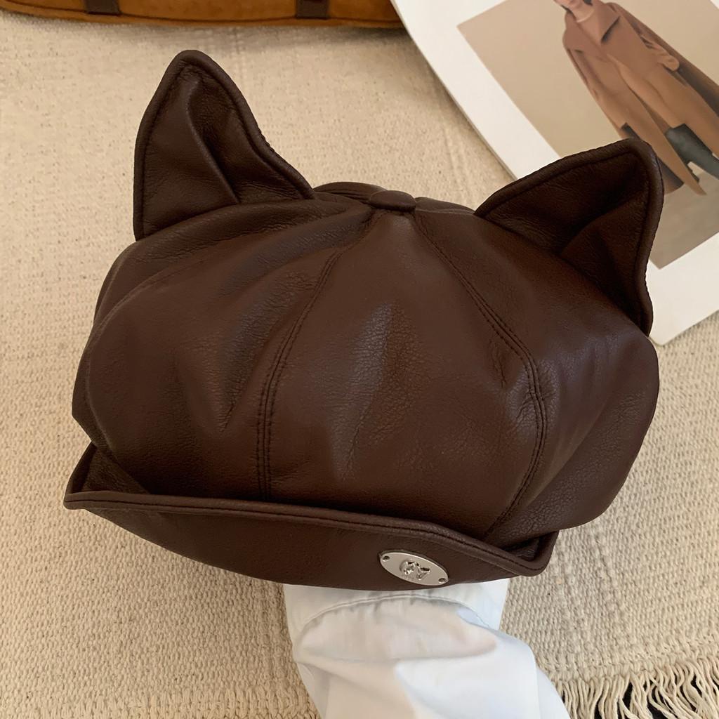 Woman Beret Leather Hat With Curved Brim And Cat Ear Detail For Trendy Dress Up