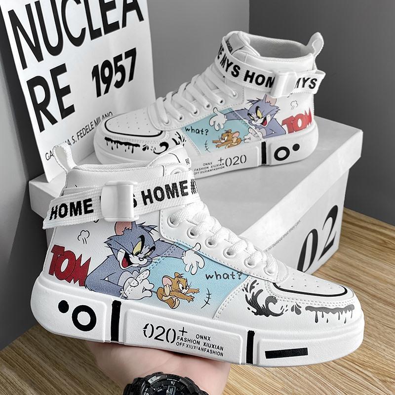 Scarpe alte con animazione di gatto e topo cartone animato scarpe bianche basse casual scarpe sportive per coppia scarpe da skate
