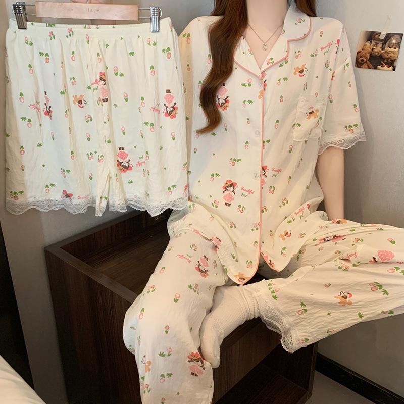 Japanese Small Floral High-Value Cloud Cotton Lace Edge Pajamas Women'S Summer Sweet Short-Sleeved Three-Piece Set