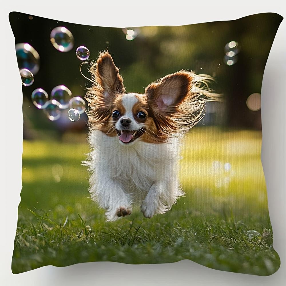 1pc Pillowcase, Papillon Dog Happily Chasing Bubbles in The Park, 45Cm X 45Cm, Soft And Smooth Texture Polyester Short Plush Fabric, Single-Sided Prin