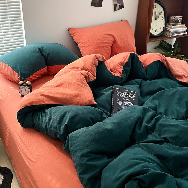 Super Soft Bed 4Pcs Set, Pure Washed Cotton Quilt Cover, Bed Sheet Full Quilt Cover, Bed Hat Student Three 4-Piece Set