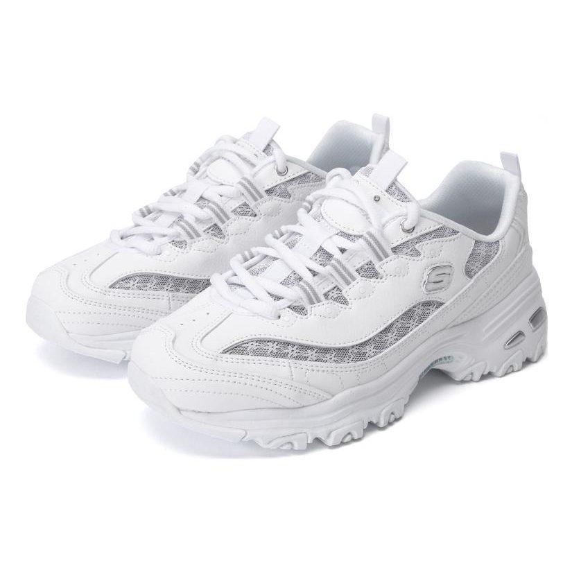 Skechers D'Lites 1.0 Leather Low Top Chunky Sneakers Women's White Silver 896235-WSL