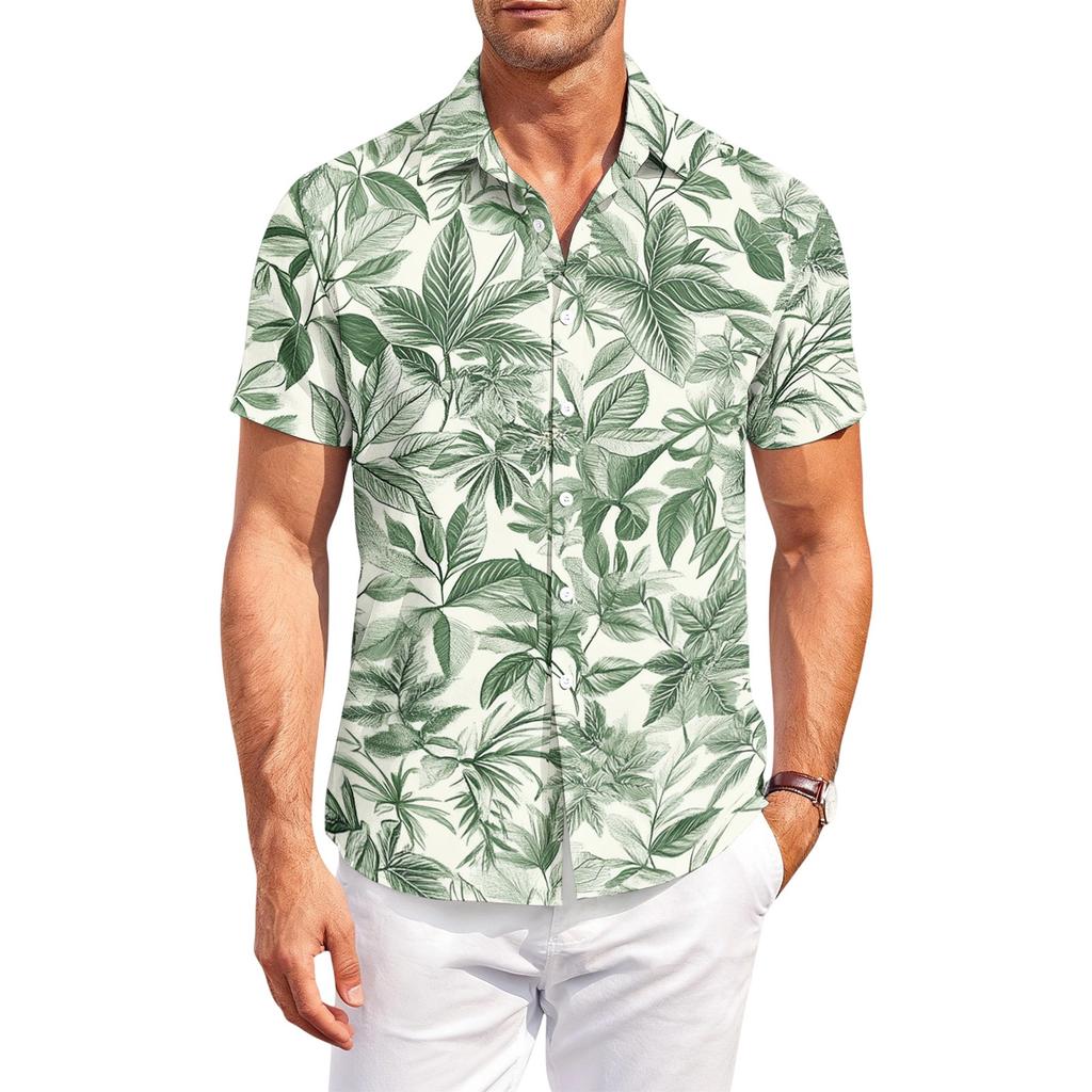 Men’s Hawaiian Print Casual Outdoor Short Sleeve Shirt with Turn Down Collar Relaxed Fit Suitable for Summer Activities