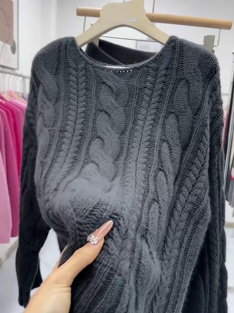 2026 Spring/Summer Korean Style Cable Knit Pullover - Pure Color Round Neck, Long Sleeve Sweater