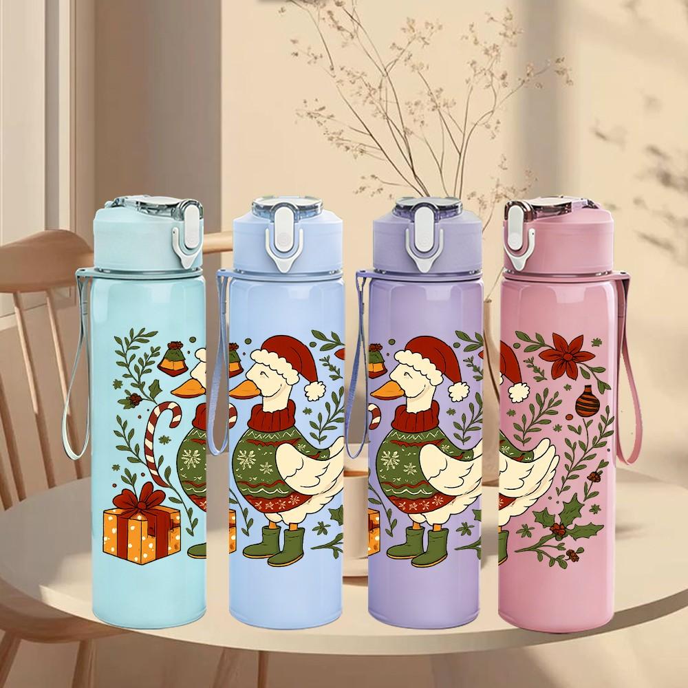 1PC Christmas Duck Holly Illustration 750ml Color Plastic Sports Water Bottle Leakproof Flip Straw Lid Suitable for Sports Office Home Use