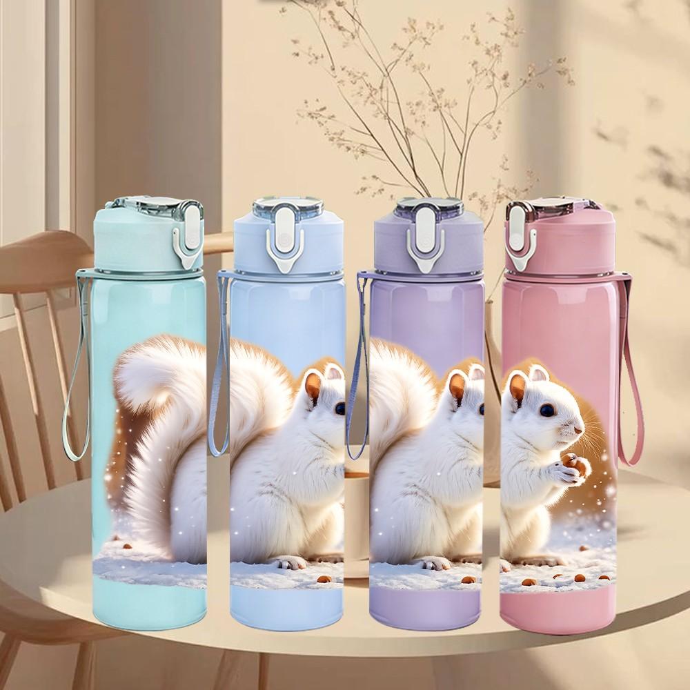 1PC White Squirrel Nut Animal Print 750ml Color Plastic Sports Water Bottle Leakproof Flip Straw Lid Suitable for Sports Office Home Use