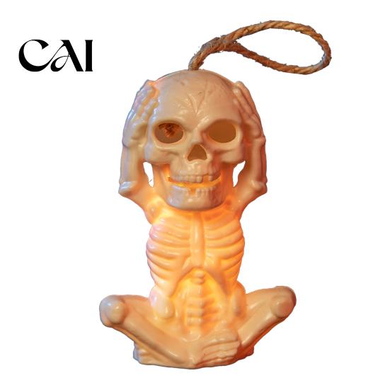 Glowing Skull Decor Halloween Skeleton Decoration with LED Light, Spooky Lighted Plastic Hollow Ornament Rope for Haunted House Home Party Table
