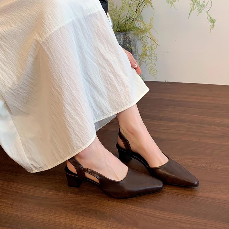 2025 autumn women's sandals, leather women's shoe covers, backless shoes, pointed high heels, simple designer sandals