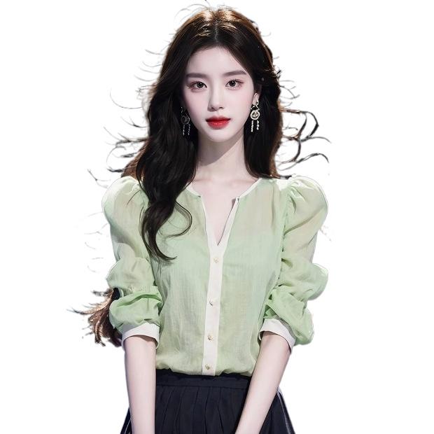 

Ранняя осень свободная рубашка Fairy Fluttering Small Fresh Light Mature French Niche Mori Green рубашка с длинными рукавами Верх для женщин XL