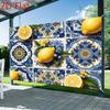 2D Mediterranean Lemon Backdrop, Blue Talavera Tiles with Lemons Photo Background