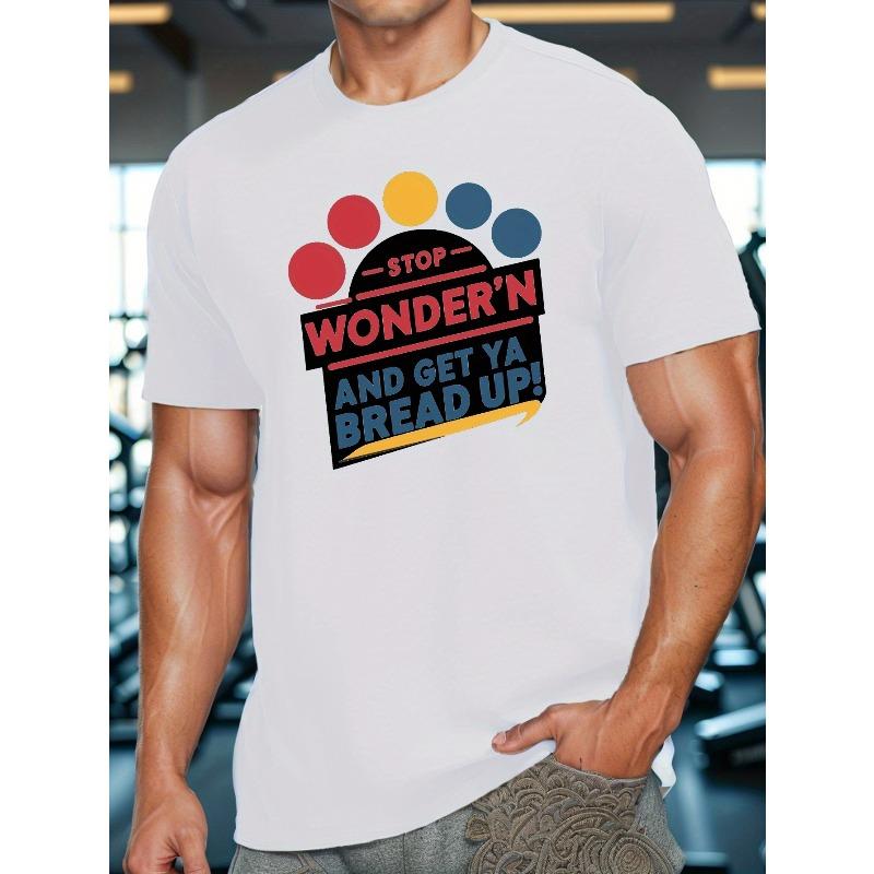 European Sizes Men'S Short-Sleeve T-Shirts for Summer Sports, Featuring Illustrated Typography with The Word 'STOP WONDER'.