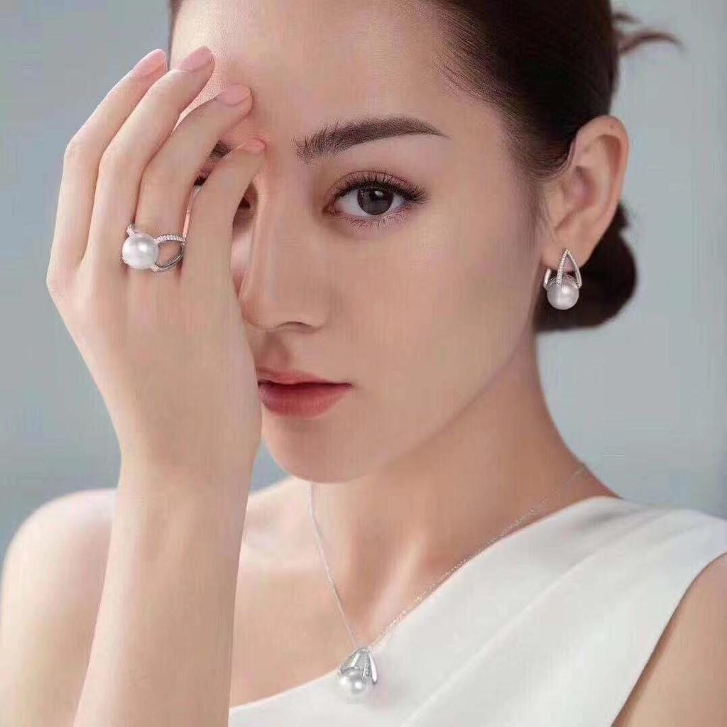 Dilraba Style Silver Pearl & Zircon High-End Index Ring Set for Women