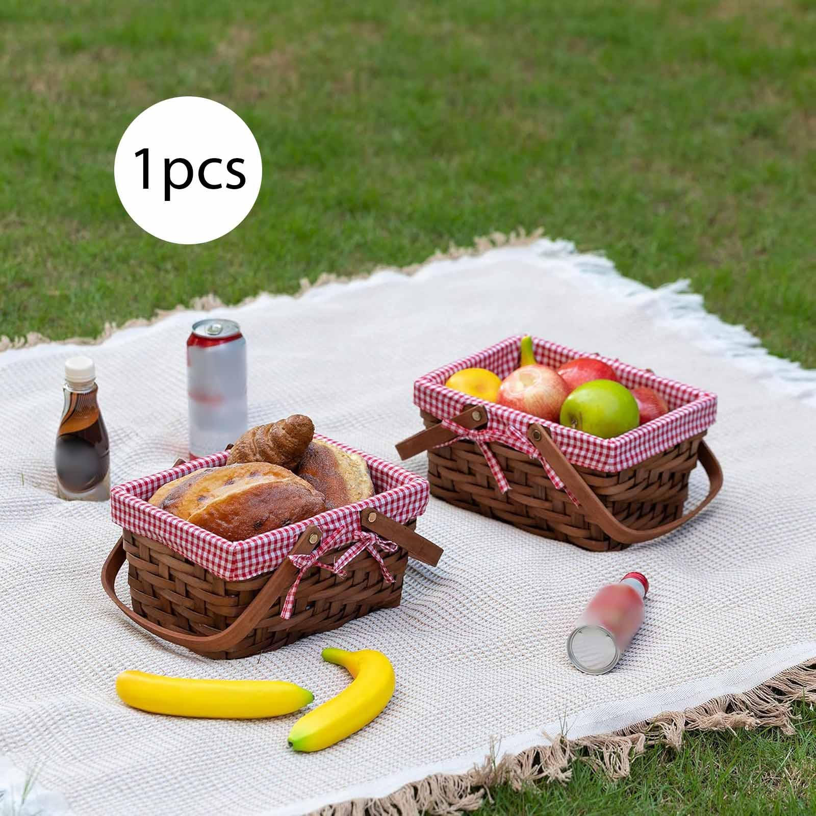 Wooden Picnic Basket Organizer Tabletop with Handle Handwoven Storage Lined for Kitchen