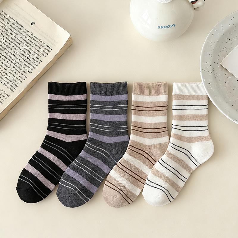 Women's Striped Terry Socks - Extra Thick, Warm, and Soft Mid-Calf Socks for Autumn and Winter