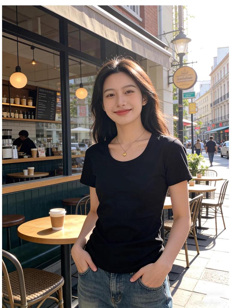 Women's Slim Fit Pure Cotton White Short-Sleeve T-Shirt - Round Neck, Versatile Basic Summer Top