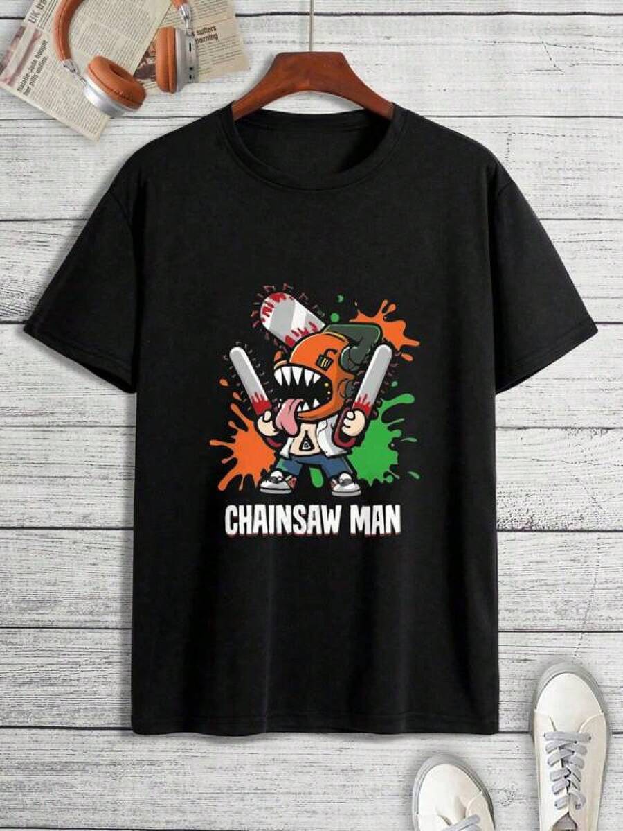 T Shirt Men Character Holding Chainsaws With Splattered Colors Design T-Shirt Men s T-Shirt Baggy S разноцветный